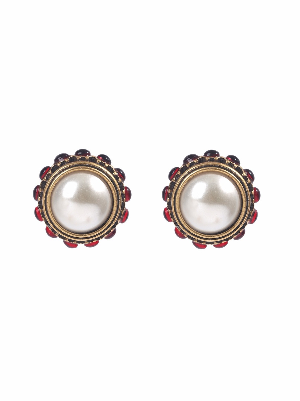 Classic Pearl Cabochon clip on Earrings with Red Bead Accent